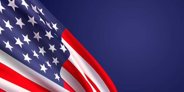 Background with realistic american flag on dark blue background. Vector template for Independence, Patriot, Veterans, President Day.