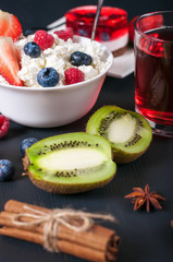 Useful breakfast, cottage cheese with fruit and freshly squeezed juice