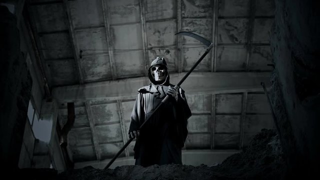 death with a scythe waving his hand, inviting to go with her