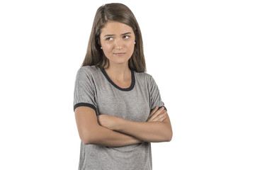 Fototapeta premium Displeased woman with uncomfortable expression