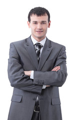 Business man in suit pointing copy space and smiling