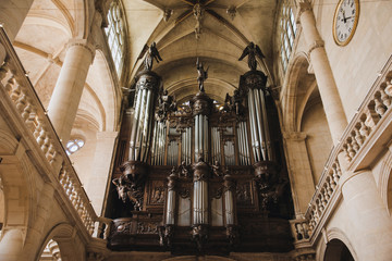 Paris, France - August 13, 2017. Pipe organ in Saint-Étienne-du-Mont church in Latin Quarter, on...