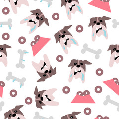 Funny bulldog with bones and pet bowl seamless pattern