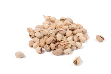 Pistachios on a white background. Front view.