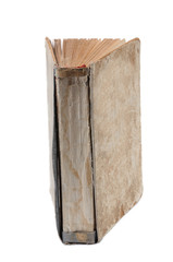 An old vintage book is vertically isolated on a white background. Front view.