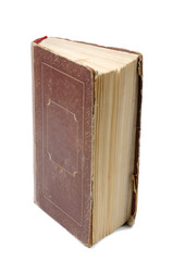 A brown book is upright on a white background. Front view.
