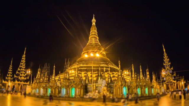 4K Timelapse of Shwedagon pagoda at night in Yangon. Landmark of Myanmar