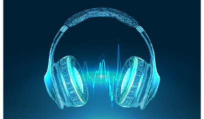 Bright glowing neon headphones isolated on blue background, music concept. Banner. Abstract image of a starry sky or space, consisting of points, in the form of stars and the universe. Low poly vector