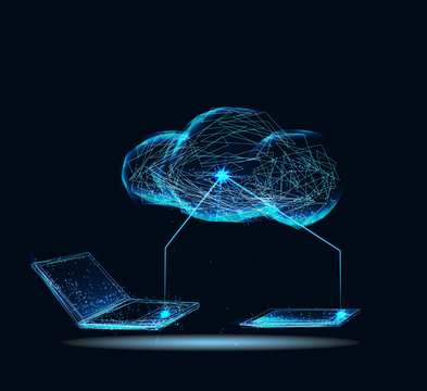 Cloud storage, data transfers on Internet from gadget to gadget. Banner. Abstract image of a starry sky or space, consisting of points, lines,  in the form of  stars and the universe. Low poly vector