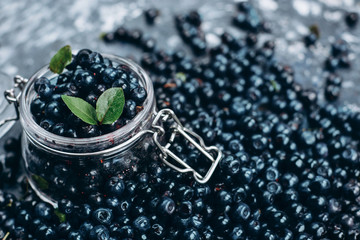 Freshly picked blueberries in glass bowl. Blueberry antioxidant organic superfood in a bowl concept for healthy eating and nutrition