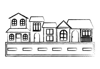 Street with Different houses along  over white background, vector illustration