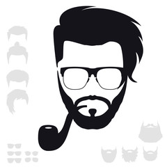 Hipster Fashion Set. Bearded Face Avatar Silhouette. Haircuts, Beards, Glasses, Accessories