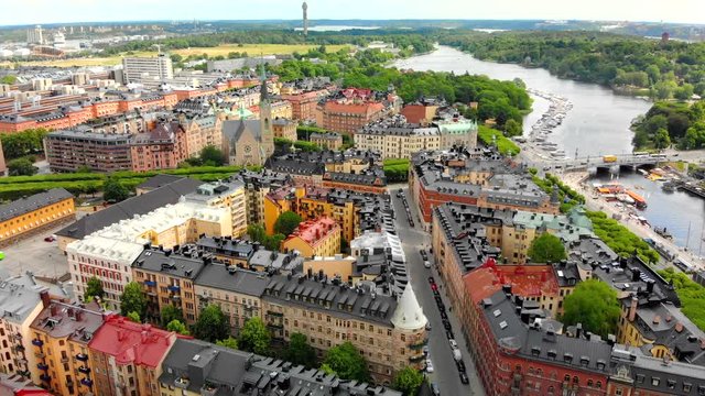Aerial view of Stockholm Sweden's colorful architecture.
