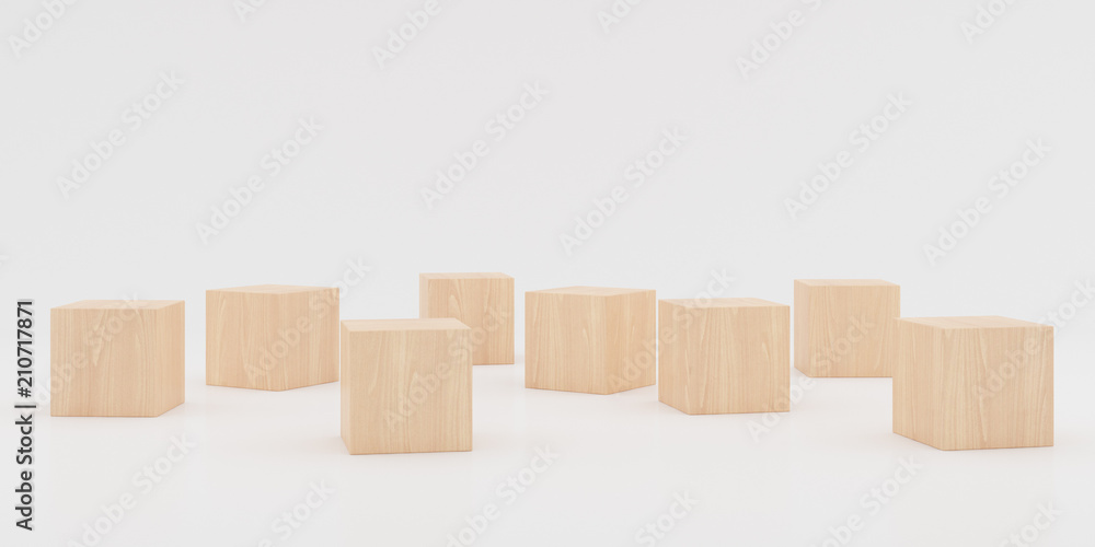 Poster abstract concept of wooden cubes toy isolated on white background, 3d rendering