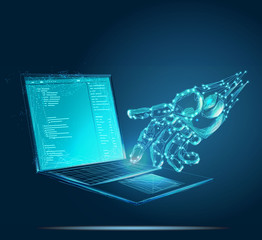 Artificial intelligence hand type on keyboard. Banner. Abstract image of a starry sky or space, consisting of points, lines, and shapes in the form of planets, stars and the universe. Low poly vector