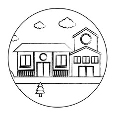 Decorative circular frame with landscape with modern houses over white background, vector illustration