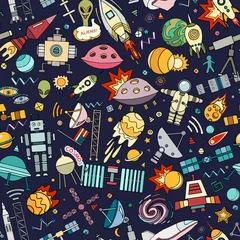 Fototapeten Cosmos vector background. Cartoon seamless background. Seamless pattern with cartoon space rockets, cosmonaut, planets, stars. © lubashka