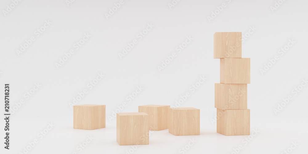 Poster abstract concept of wooden cubes toy isolated on white background, 3d rendering