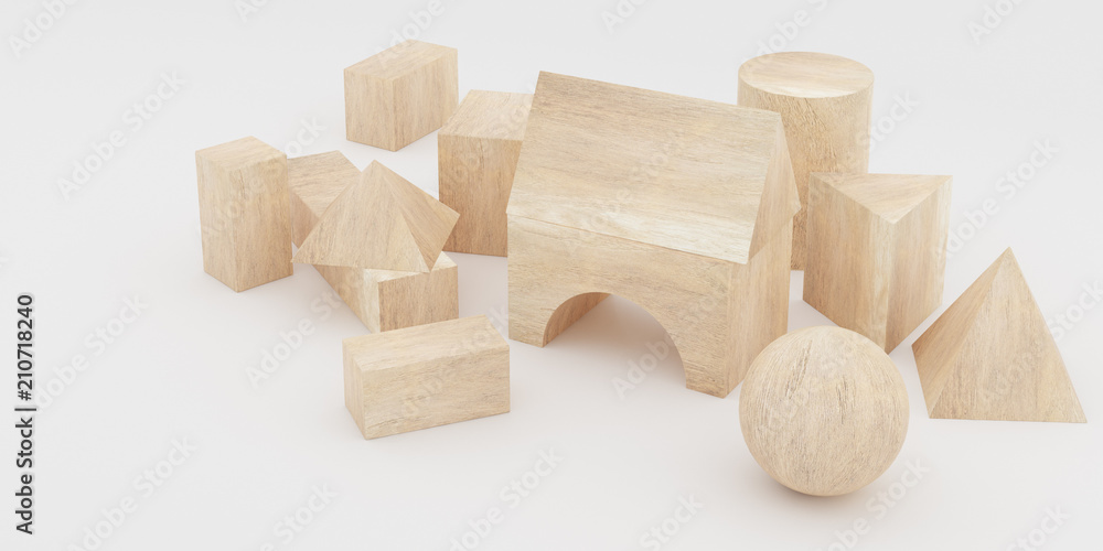 Poster abstract concept of wooden cubes toy isolated on white background, 3d rendering