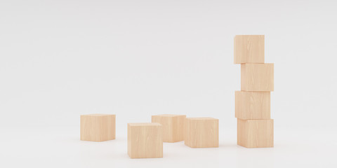 Abstract concept of wooden cubes toy isolated on white background, 3d rendering