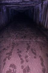 Human footprints are underground. Human footprints in the dungeon. Vertical.