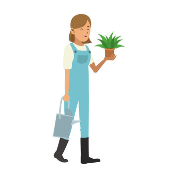 Woman gardener with plant and water can vector illustration graphic design