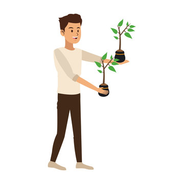 Man wit plants on pot vector illustration graphic design