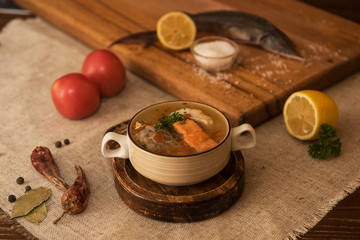 Tasty fish soup - ukha, soup from different fishes and vegetables
