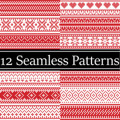  12 Nordic style vector patterns  inspired by Scandinavian Christmas, festive winter seamless pattern in cross stitch with heart, snowflake, star,  snow, decorative ornaments red, white 
