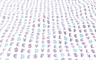 Bitcoin and currency on a white background. Digital Cryptocurrency symbol. Wave effect, currency market fluctuations. Business concept. 3D illustration