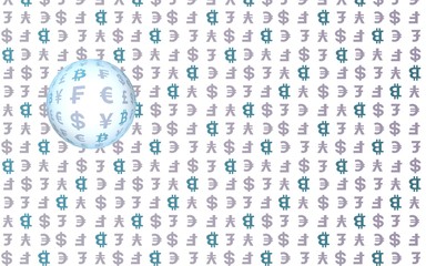 Bitcoin and currency on a white background. Digital crypto symbol. Currency bubble, wave effect, market fluctuations. Business concept. 3D illustration