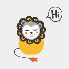 Cute cartoon lion illustration in scandinavian style.. Printable t-shirt design or poster for child room.