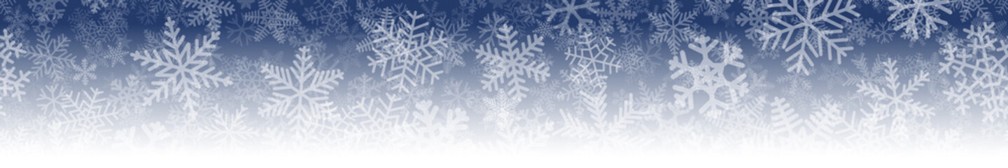 Fototapeta na wymiar Christmas horizontal seamless banner of many layers of snowflakes of different shapes, sizes and transparency. On gradient background from blue to white.
