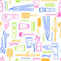 Beauty salon vector seamless pattern. Colorful outline hair hairdresser tools and equipment.