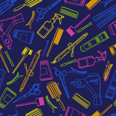 Beauty salon vector seamless pattern. Colorful outline hair hairdresser tools and equipment.