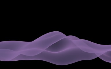 Abstract purple wave. Raster air background. Bright purple ribbon on dark background. Purple scarf. Abstract smoke. 3d illustration