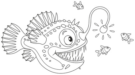 Anglerfish hunting deep in a sea on small fishes, black and white vector illustration in a cartoon style for a coloring book