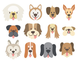Fototapeta premium Dog faces collection. Cute cartoon dog faces with their tongue outside. Avatar icon set. Vector illustration.