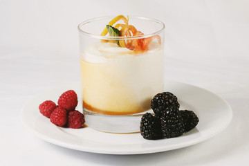 desert, pudding, cream, raspberry and fresh berries