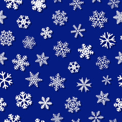 Christmas seamless pattern of snowflakes with shadows, white on blue background
