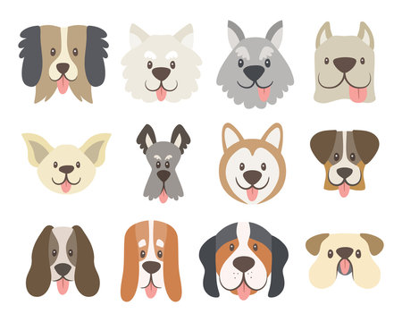 Dog faces collection. Cute cartoon dog faces with their tongue outside. Avatar icon set. Vector illustration.
