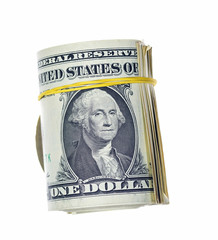 A pack of American dollars rolled up on a roll isolated on a white background.