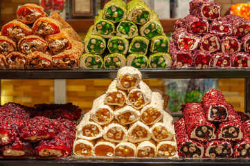Different kinds of sweet multi-colored Turkish Delight