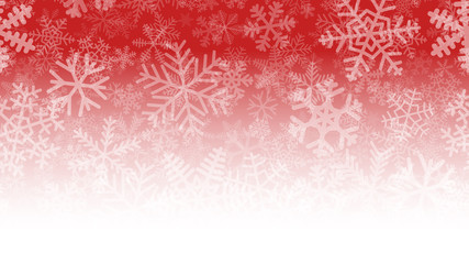 Christmas illustration of many layers of snowflakes of different shapes, sizes and transparency. On gradient background from red to white.