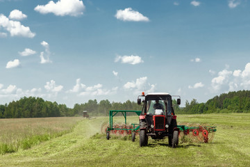 Agricultural machinery, a tractor collecting grass in a field against a blue sky. Hay harvesting, grass harvesting. Season harvesting, grass, agricultural land.