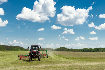 Fototapeta premium Agricultural machinery, a tractor collecting grass in a field against a blue sky. Hay harvesting, grass harvesting. Season harvesting, grass, agricultural land.