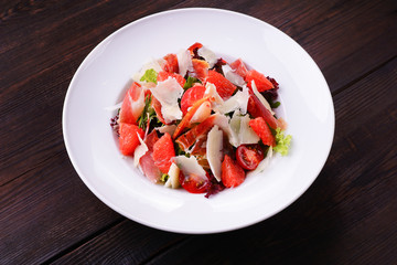 Healthy fresh grapefruit and tomato salad, healthy food, original recipe, seasonal meals, restaurant menu
