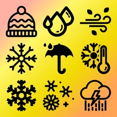Vector icon set  about weather with 9 icons related to cold, xmas, skyline, equipment and lighning