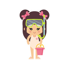 cartoon summer girl in a swimsuit with diving mask and summer bucket