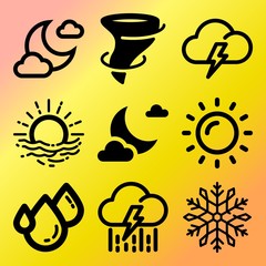 Vector icon set  about weather with 9 icons related to glow, symbol, shower, moist and sunset